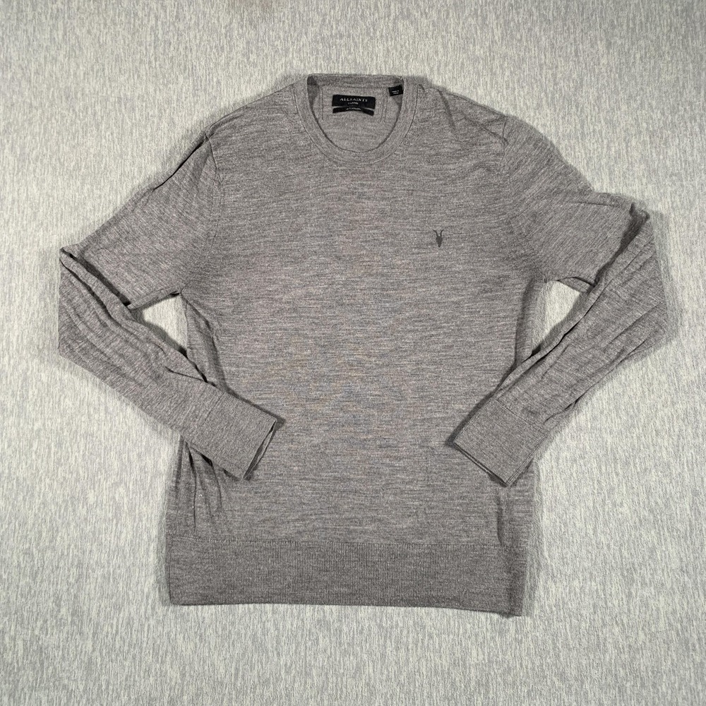 AllSaints Sweater Mens Extra Large Gray 100% Merino Wool Crewneck Logo